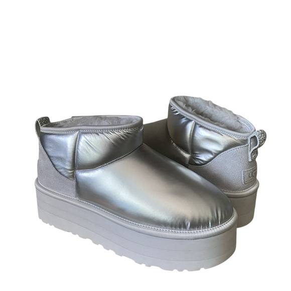 UGG Shoes - UGG Ultra Minis Platform Metallic Silver Suede Boots Size 9 NWT